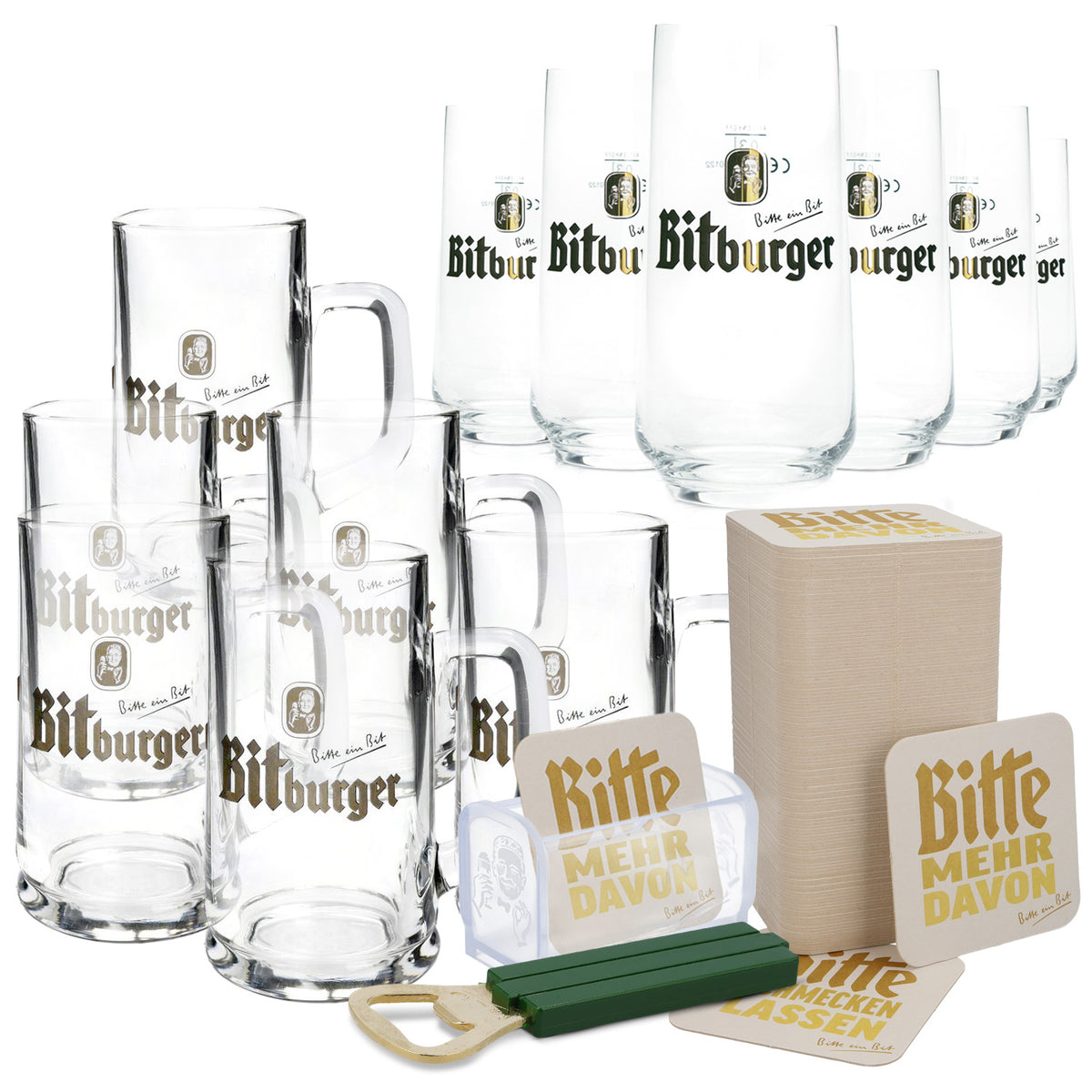 Zestaw do piwa Bitburger Bundle Bar Set III zawierający 6 kufli, 6 szklanek, otwieracz i uchwyt na pokrywkę