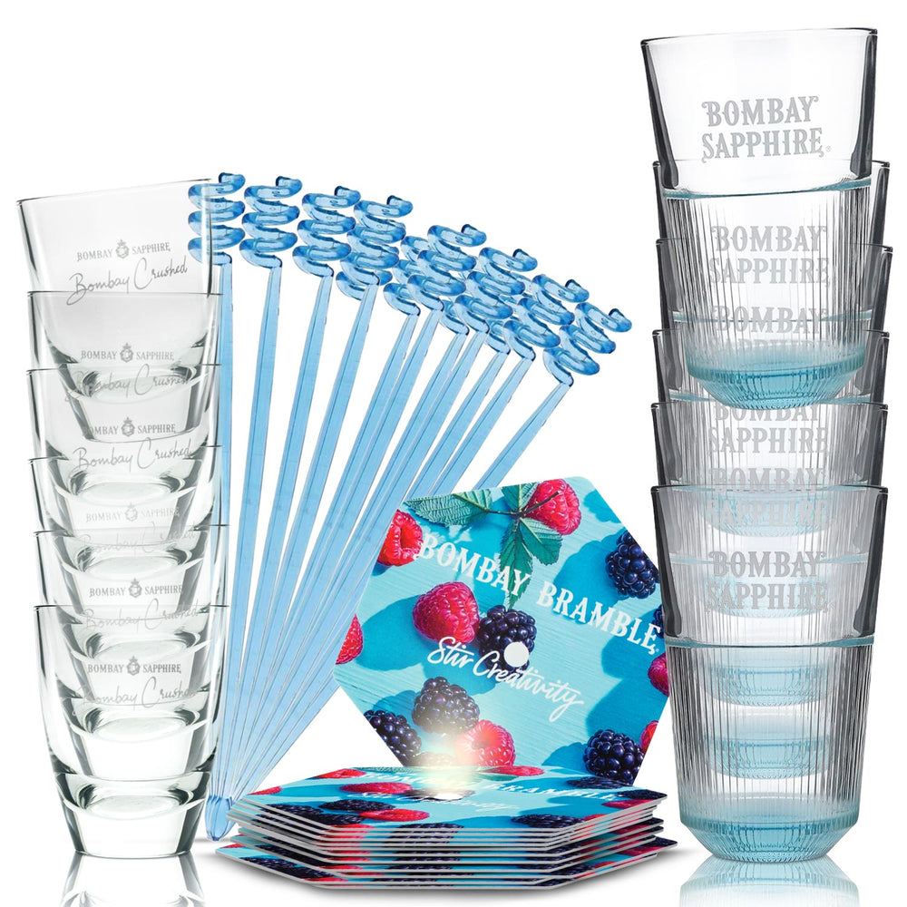 Zestaw Bombay Sapphire Bar Bundle Set II składający się ze szklanek LD, szklanek typu tumbler, mieszadełek i podkładek