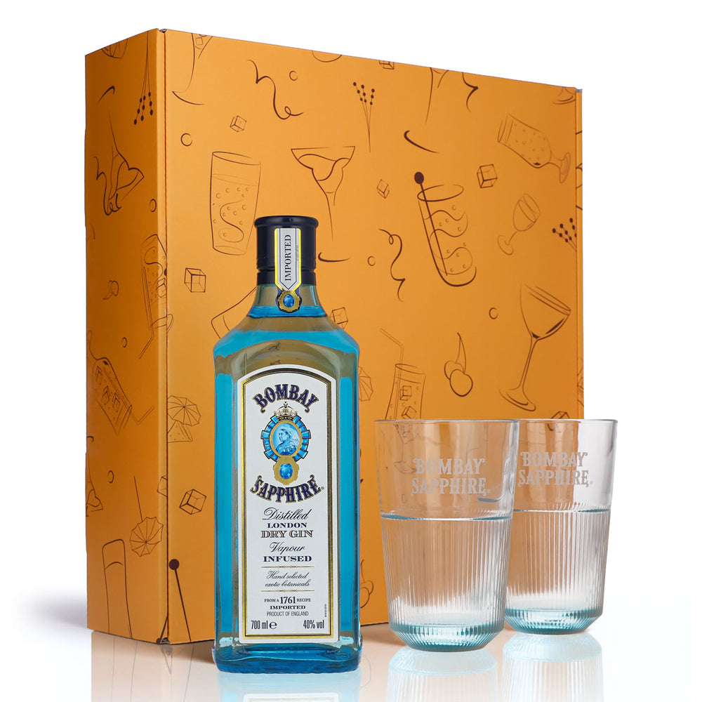 Bombay Sapphire Gin Zestaw prezentowy 0,7l Butelka 40% Vol. + 2 Szklanki do Longdrinków Reliefowe l Pomarańczowe