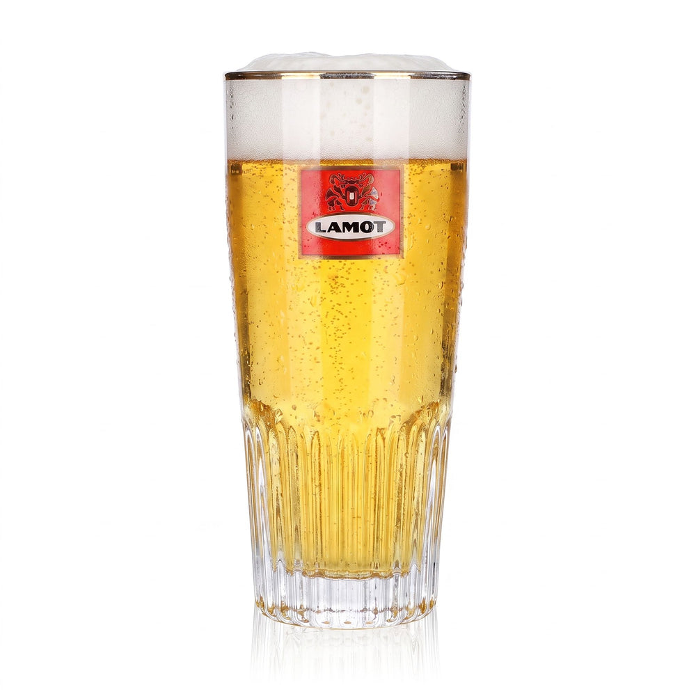 Szklanka piwa z browaru Lamot, 0,33 l, Kölsch, czerwone logo, złota obwódka