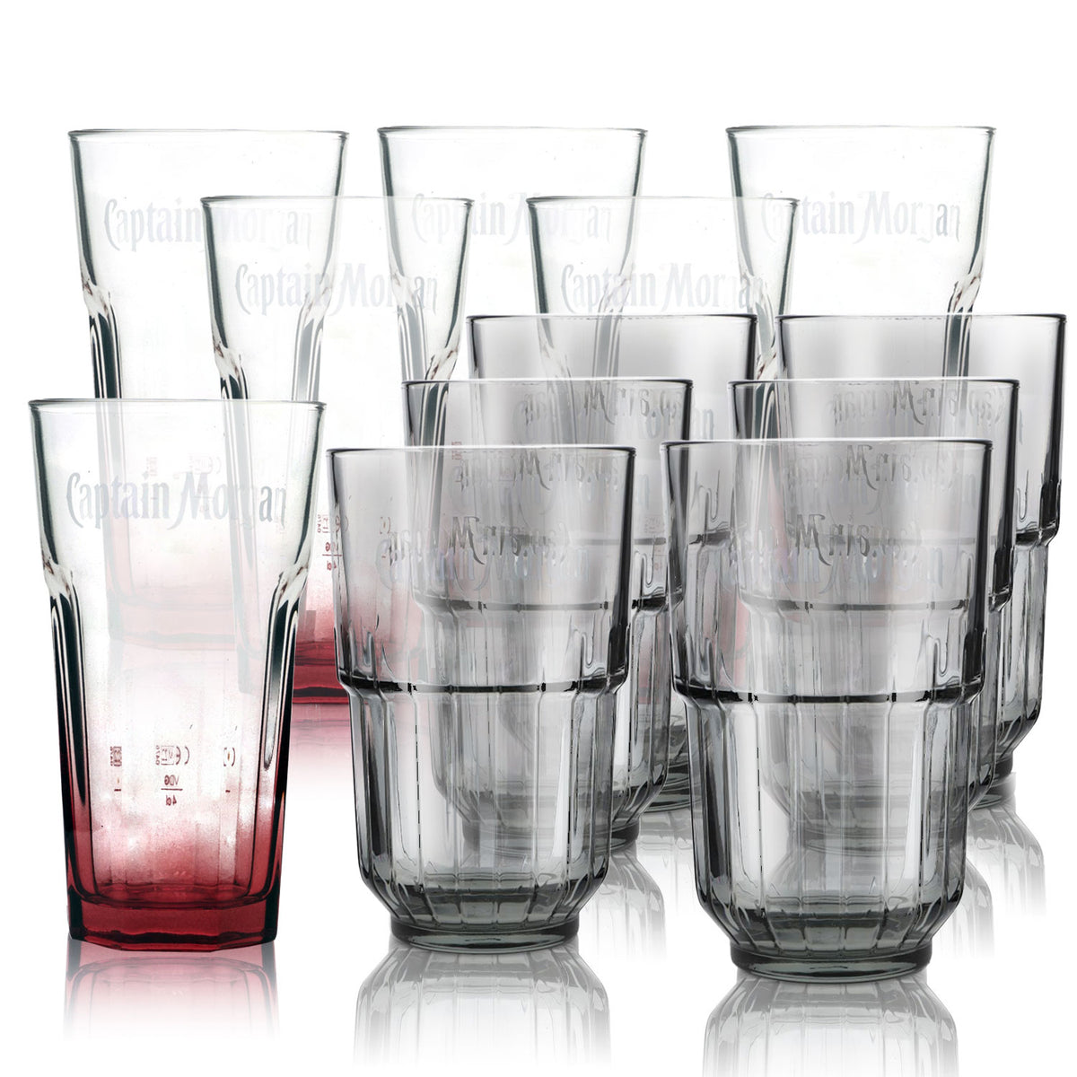 Zestaw Captain Morgan Bar Bundle Set I zawierający 12 różnych szklanek do drinków długich