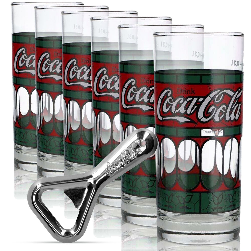 Zestaw Coca Cola Bar Bundle Set I składający się z 6 szklanek Tiffany i retro otwieracza do butelek