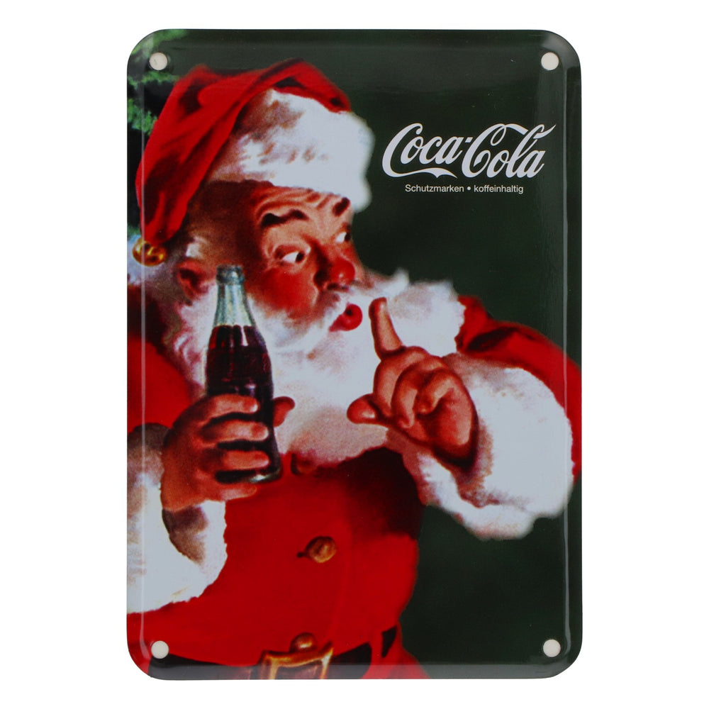 Blaszana tabliczka Coca-Cola z motywem Świętego Mikołaja, 10,5 x 15 cm, metalowa dekoracja w stylu retro