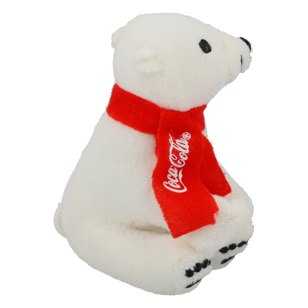 Pluszowy miś polarny Coca-Cola w pozycji siedzącej, z szalikiem, 11 cm – przedmiot kolekcjonerski, pomysł na prezent