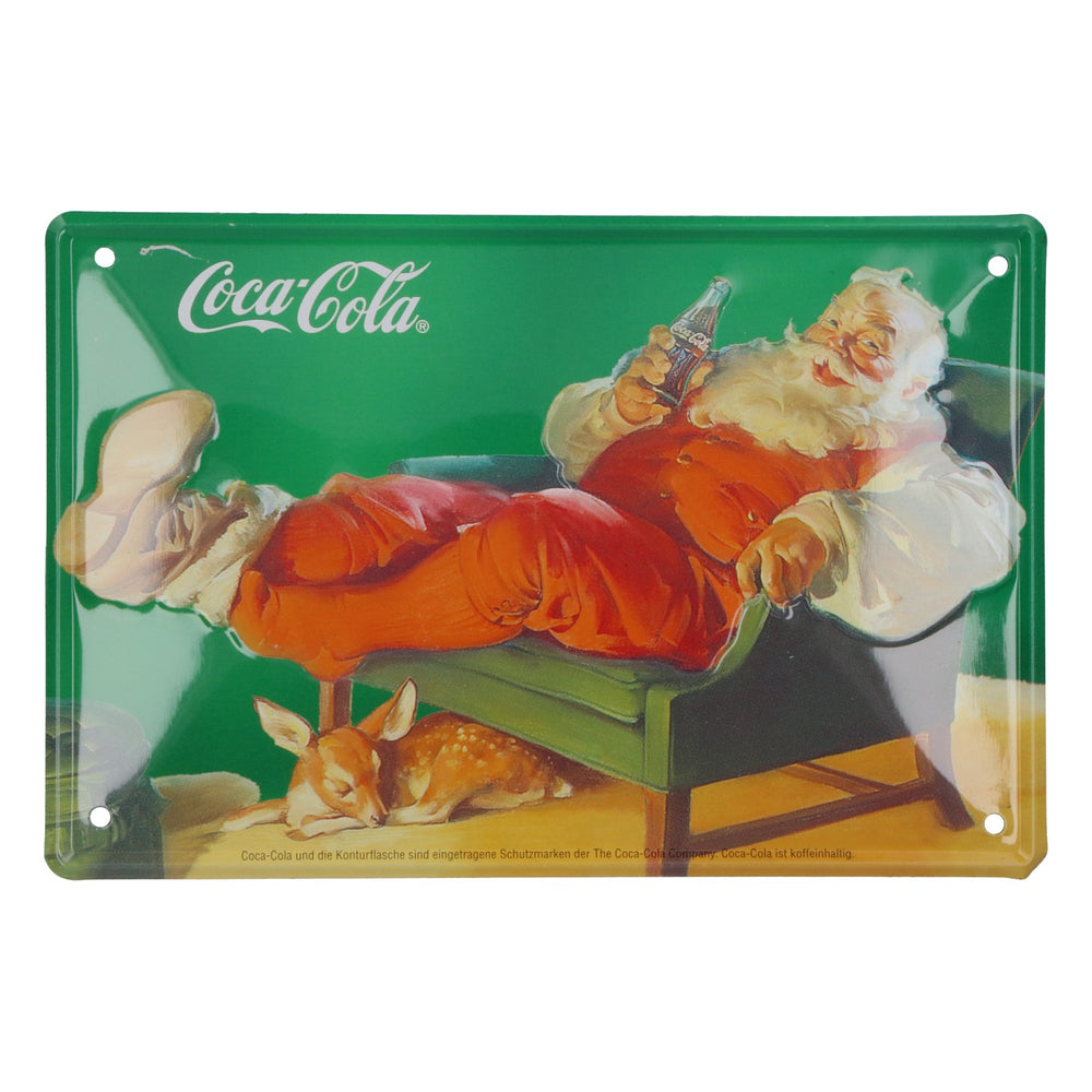 Tabliczka blaszana z motywem napoju Coca-Cola i leżącego Świętego Mikołaja, 15 x 10 cm