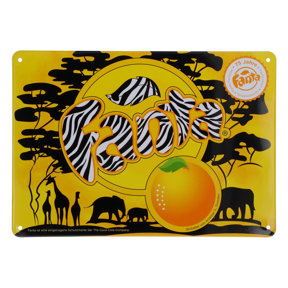 Tabliczka blaszana Coca-Cola z motywem Fanta Safari z okazji 75-lecia, 21 x 15 cm