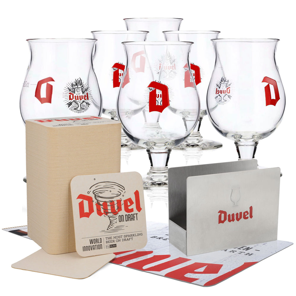 Zestaw Duvel Bier Bar Bundle Set II zawierający 6 szklanek do piwa o pojemności 0,16 l oraz 100 podkładek pod piwo z uchwytem