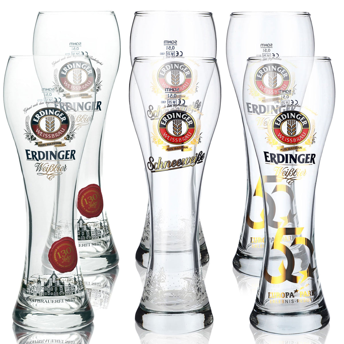 Zestaw piwny Erdinger Bar Bundle Set III składający się z 6 szklanek do piwa o pojemności 0,5 l w różnych wariantach