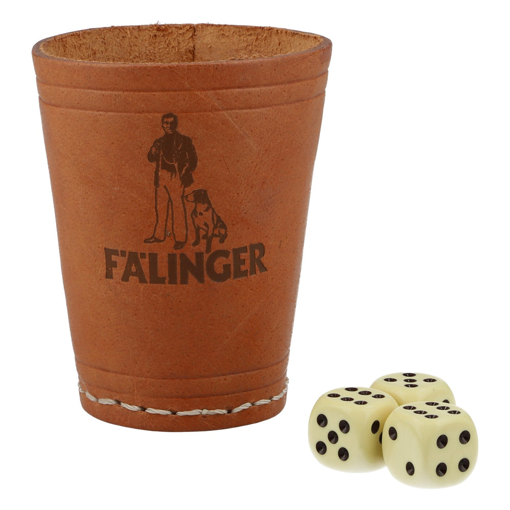 Fälinger Korn – skórzany kubek na kostki, 3 kostki, brązowy, z logo, 6,5 cm – gra w kości