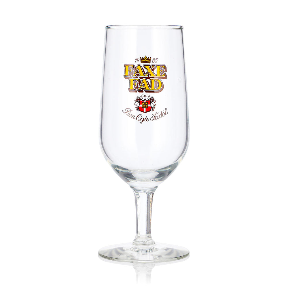 Faxe Fad – szklanka do piwa 0,25 l, kształt tulipana, żółte logo z 1985 r. – szklanka do piwa, szklanka pucharowa, szklanka typu tulipan