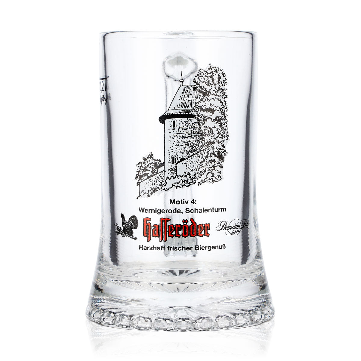 Szklany kufel do piwa Hasseröder, pojemność 0,2 l, motyw nr 4: Wieża Schalenturm w Wernigerode, Böckling