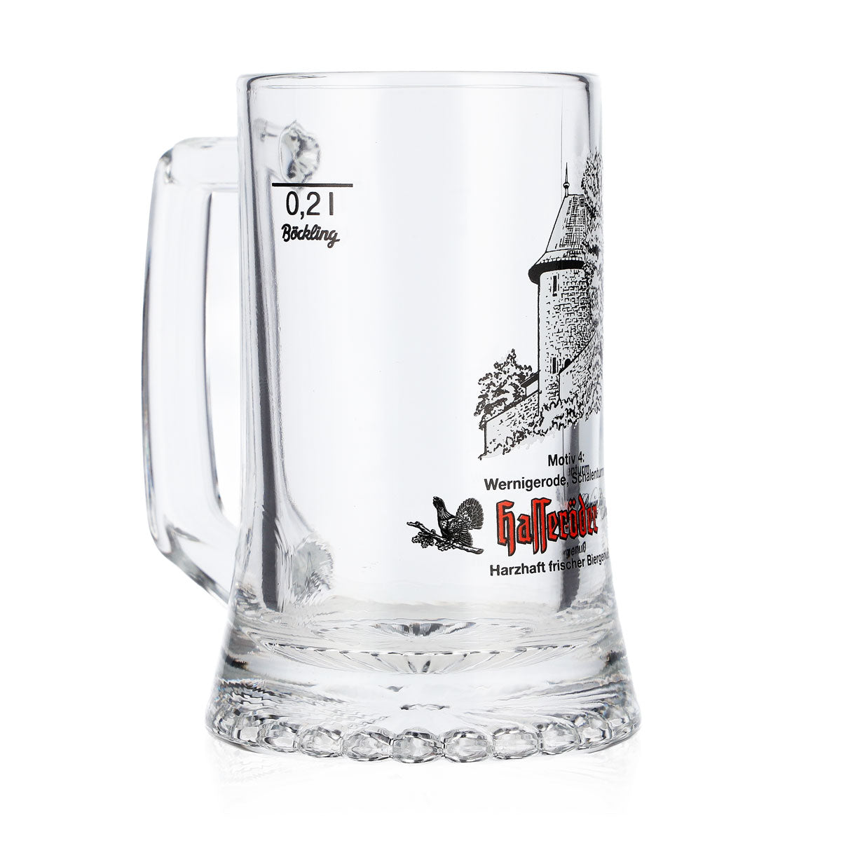 Szklany kufel do piwa Hasseröder, pojemność 0,2 l, motyw nr 4: Wieża Schalenturm w Wernigerode, Böckling – Widok 2