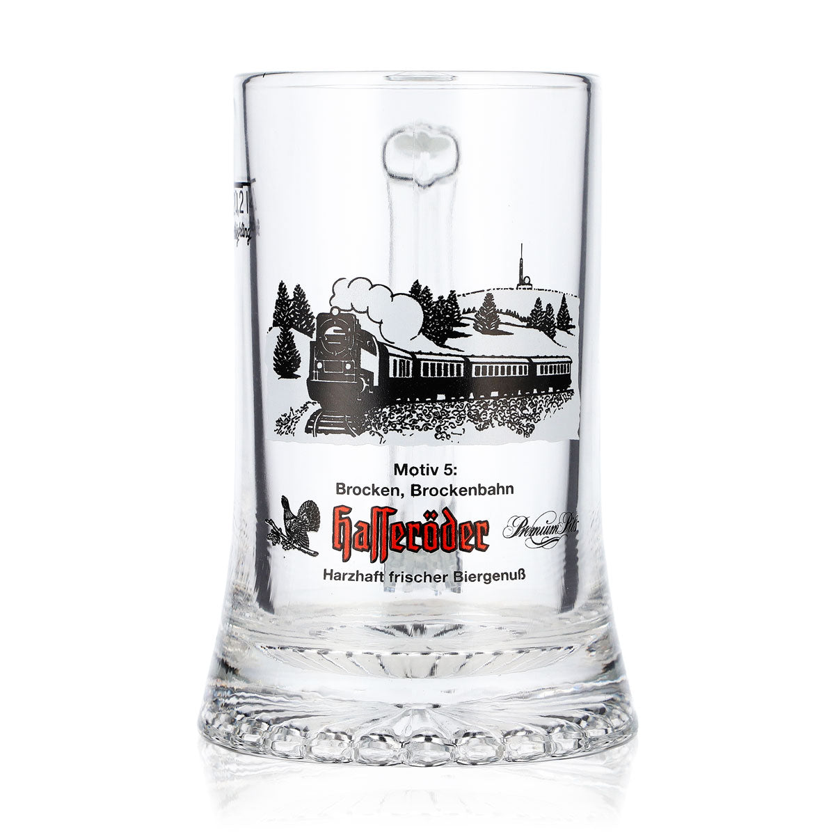 Szklany kufel do piwa Hasseröder, pojemność 0,2 l, motyw 5 Brocken, kolejka Brockenbahn, Böckling, kufel miarowy
