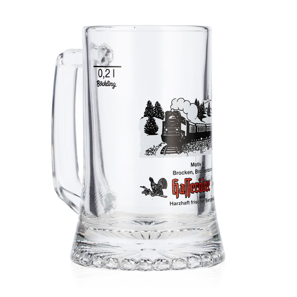 Szklany kufel do piwa Hasseröder, pojemność 0,2 l, motyw 5 Brocken, kolejka Brockenbahn, Böckling, kufel miarowy – Widok 2