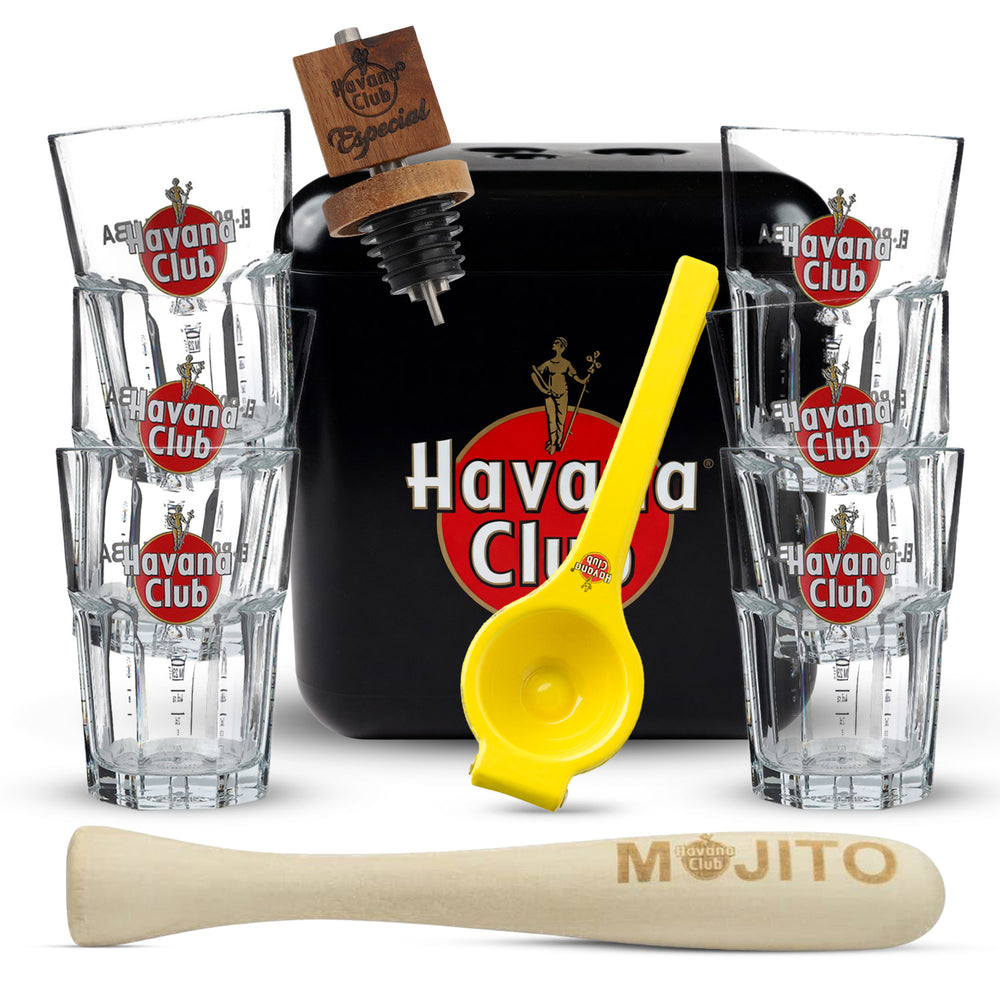 Zestaw Havana Club Bar Bundle Set II składający się z tłuczka, wyciskarki do limonek, pojemnika na lód i nalewaka