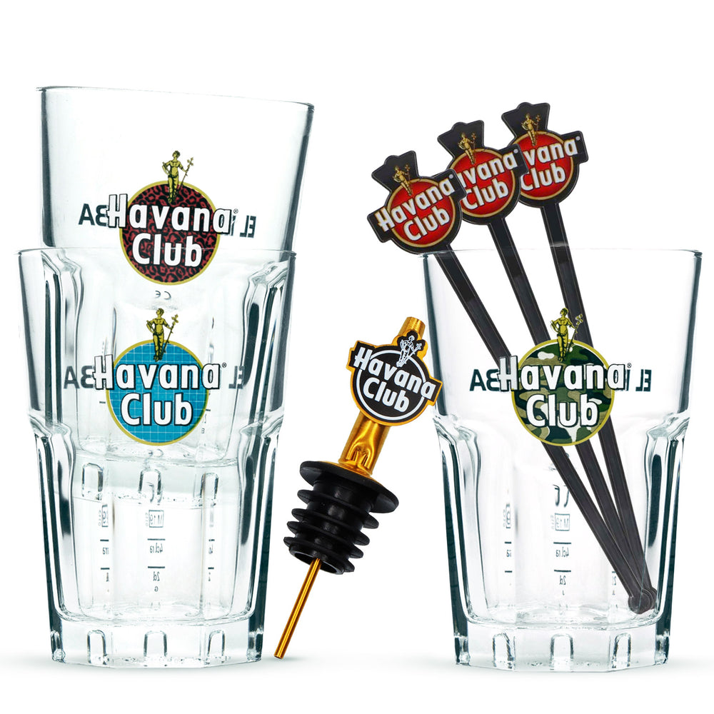 Zestaw Havana Club Rum Bar Bundle Set I zawierający 3 szklanki, 3 mieszadła i nalewak