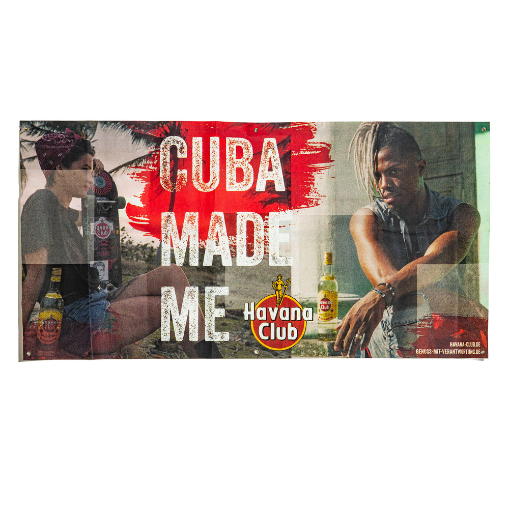 Sztandar z rumem Havana Club, 200 x 100 cm, „Cuba made me” – flaga z filcu