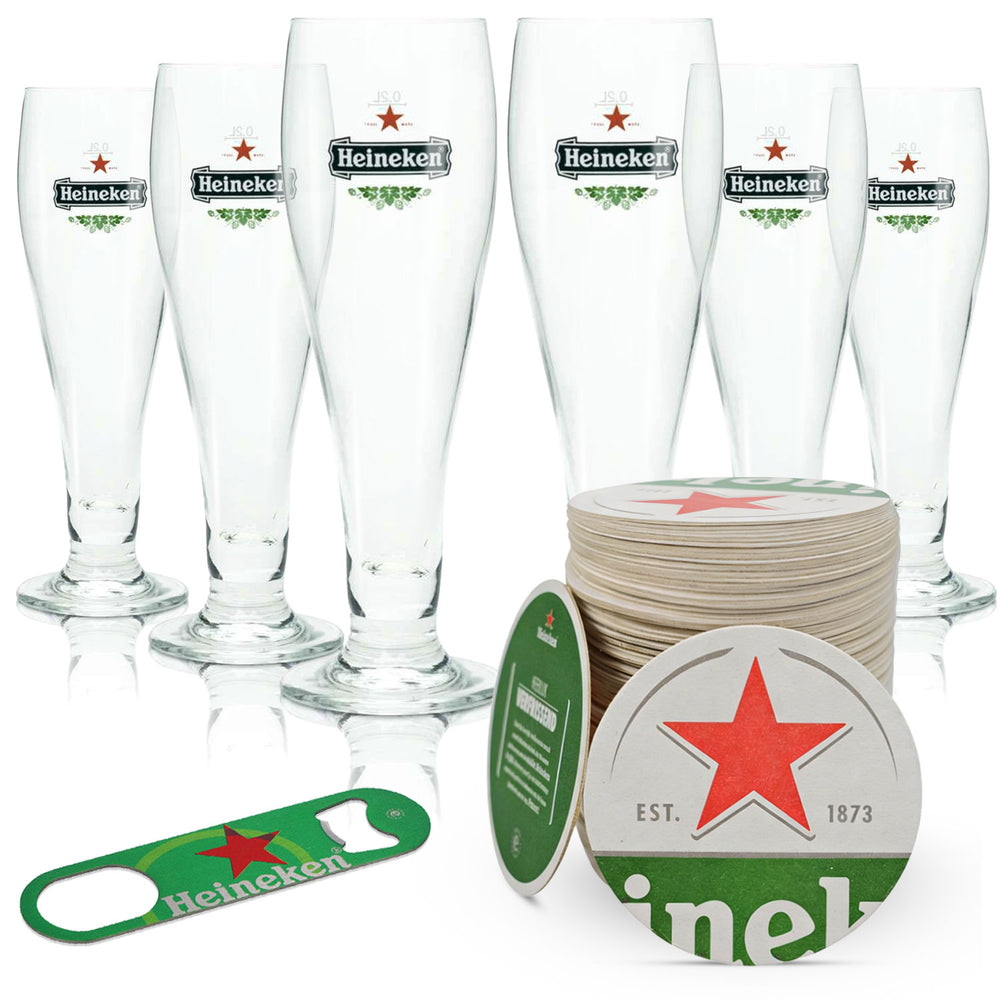 Zestaw Heineken Beer Bar Bundle Set I zawierający 6 szklanek do piwa o pojemności 0,2 l, 100 podkładek pod piwo i otwieracz do butelek.