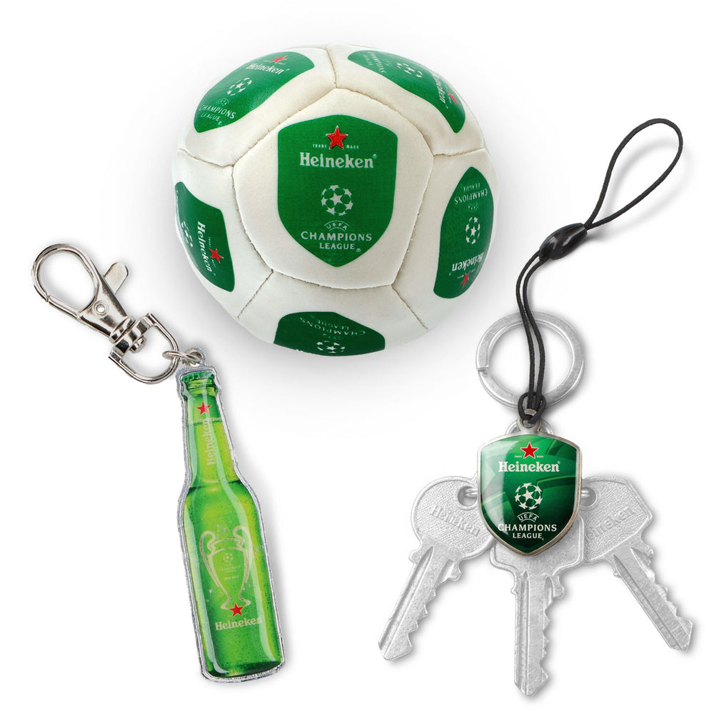 Zestaw dla fanów piwa Heineken I zawierający 2 breloczki do kluczy i otwieracz do butów Footbag