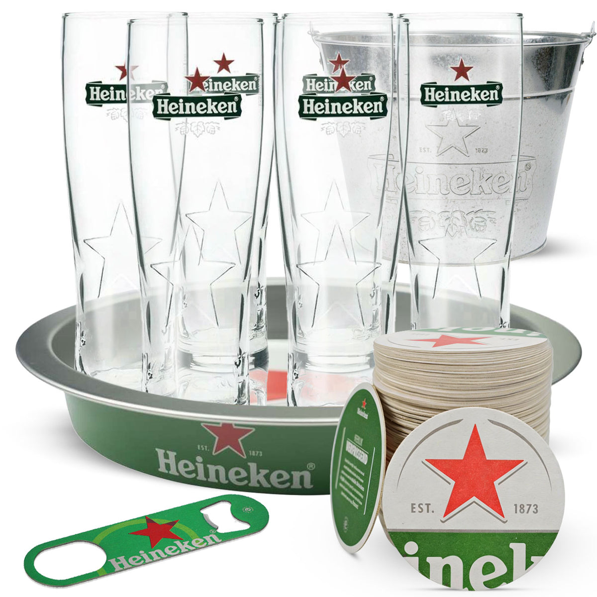 Zestaw imprezowy Heineken I zawierający szklanki do piwa, wiadro do lodu, tacę i otwieracz do butelek