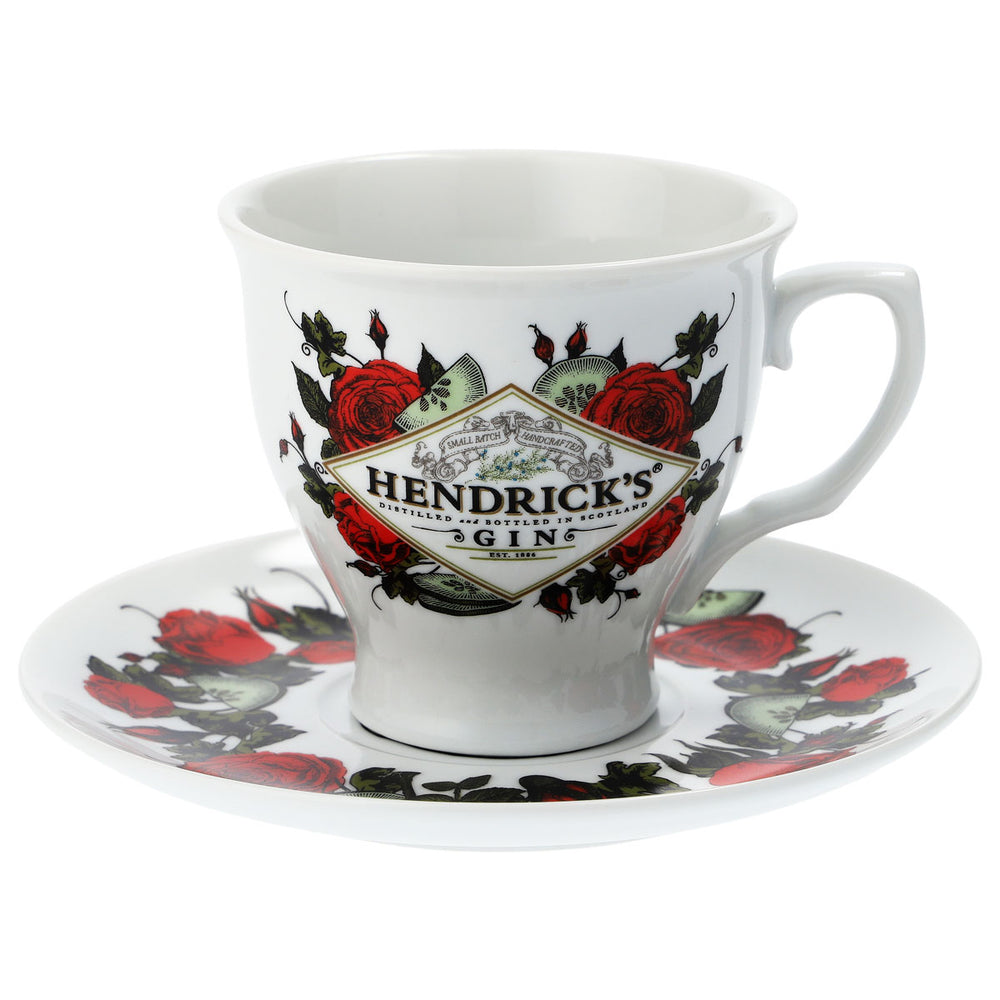 Zestaw ceramicznych białych filiżanek z podstawkami „Hendricks Gin”