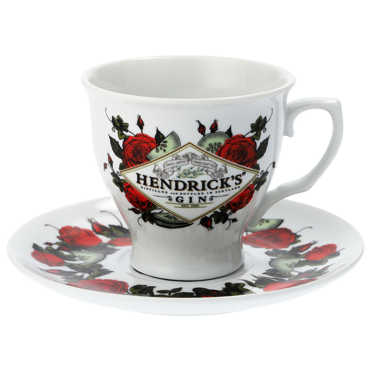 Zestaw ceramicznych białych filiżanek z podstawkami „Hendricks Gin”