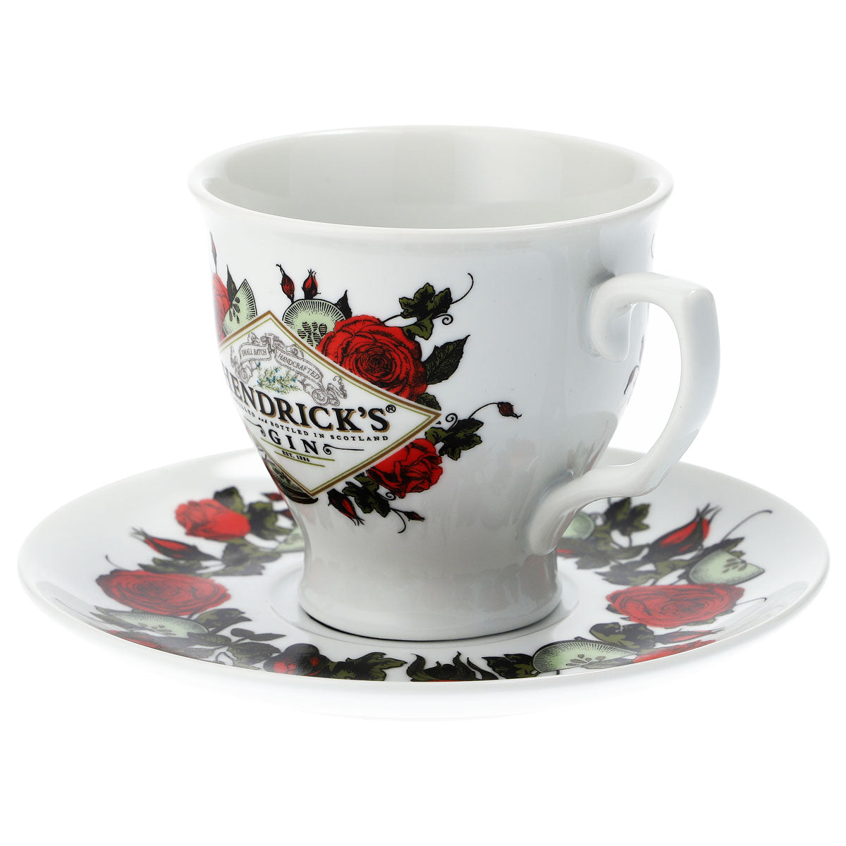 Zestaw ceramicznych białych filiżanek z podstawkami „Hendricks Gin” – Widok 2