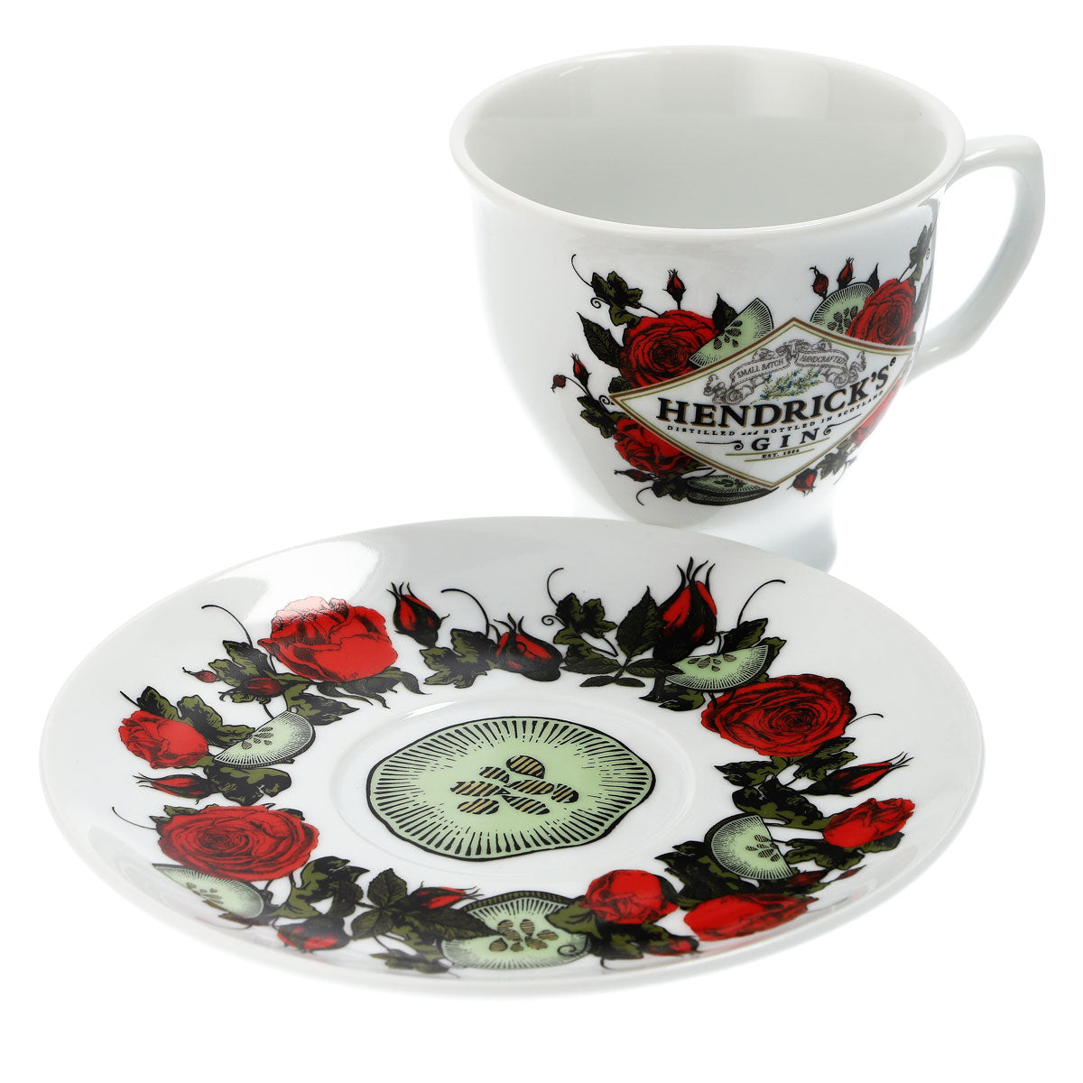 Zestaw ceramicznych białych filiżanek z podstawkami „Hendricks Gin” – Widok 4