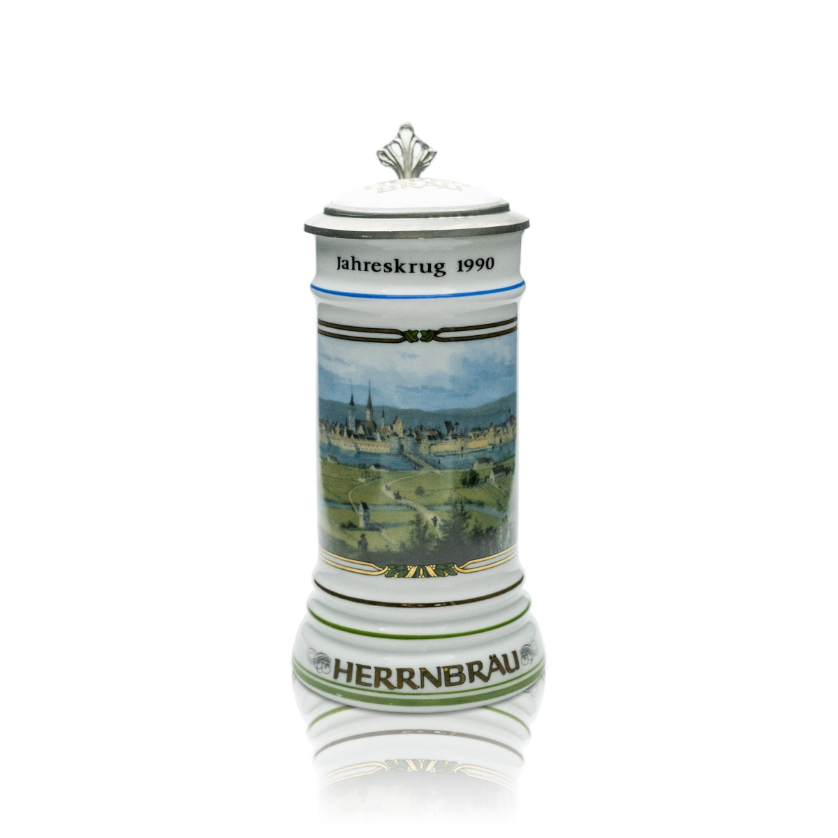 Herrnbräu Bierkurg szklany dzban 1990 cynowa pokrywka certyfikat kolekcjonerski kufel
