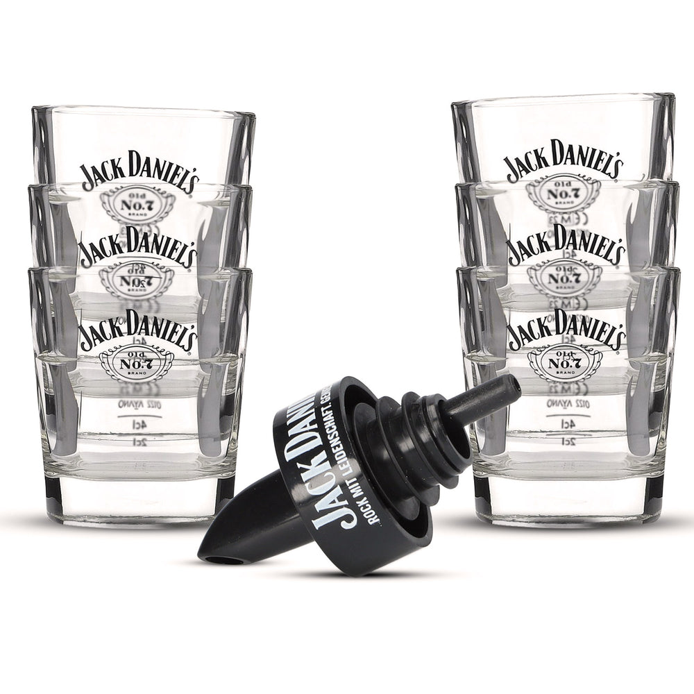 Zestaw Jack Daniels Bar Bundle Set I składający się z 6 szklanek typu tumbler i nalewaka do butelek