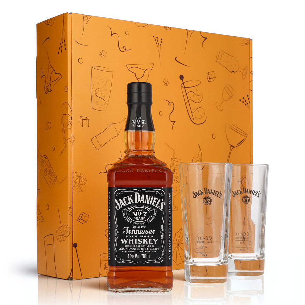 Jack Daniels Geschenkset 0,7l Flasche 40,0 % Vol. + Longdrinkgläser–Orange