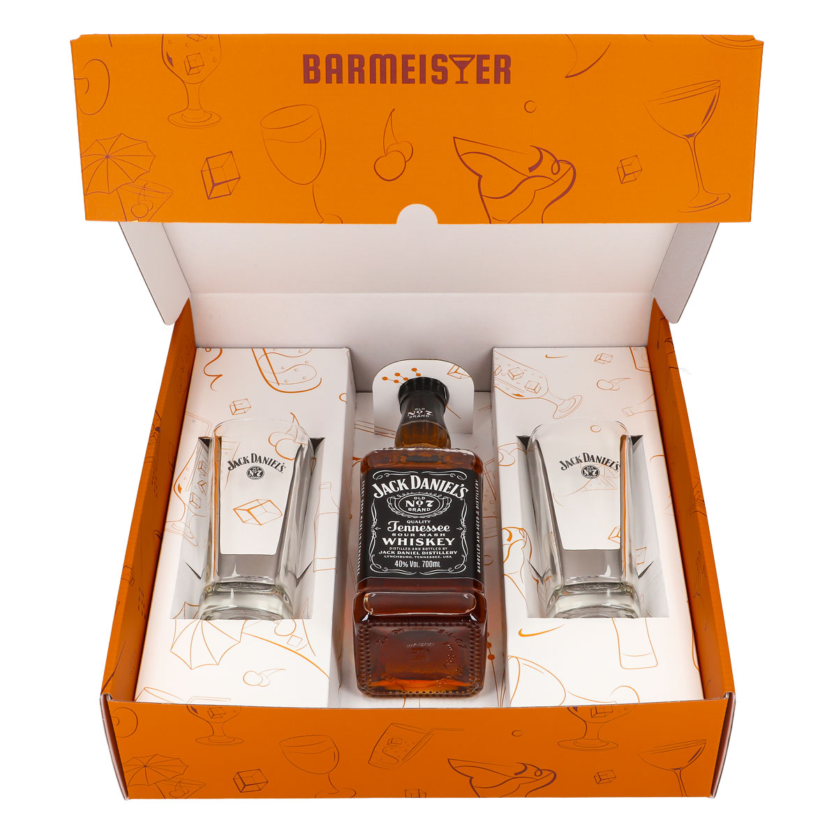 Jack Daniels Geschenkset 0,7l Flasche 40,0 % Vol. + Longdrinkgläser–Orange – Ansicht 3