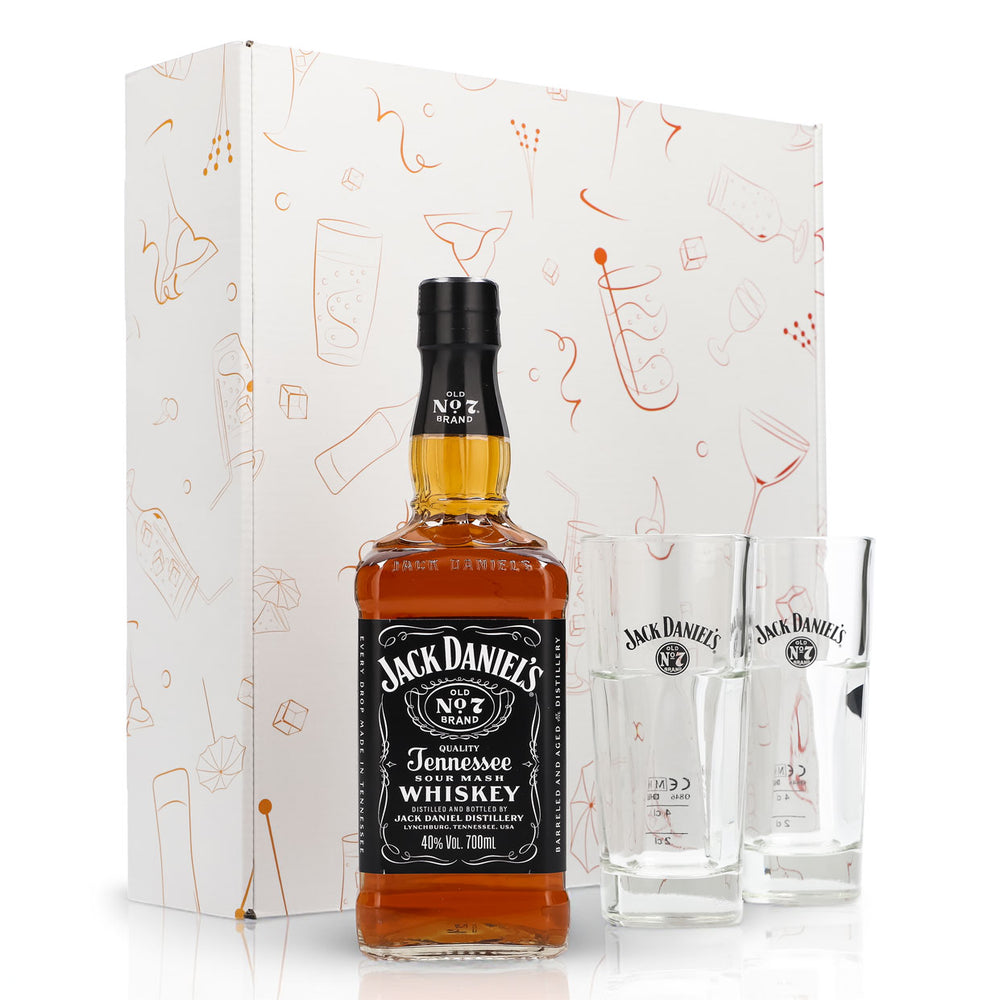 Jack Daniels Geschenkset 0,7l Flasche 40,0 % Vol. + Longdrinkgläser stapelbar–Weiß