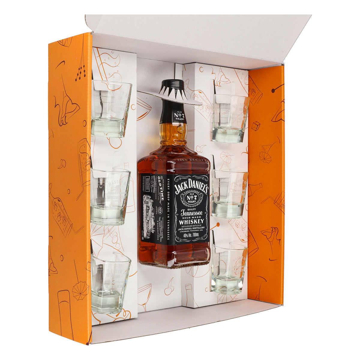 Jack Daniels Geschenkset 0,7l Flasche 40,0 % Vol. + Shotgläser MOAW–Orange – Ansicht 3