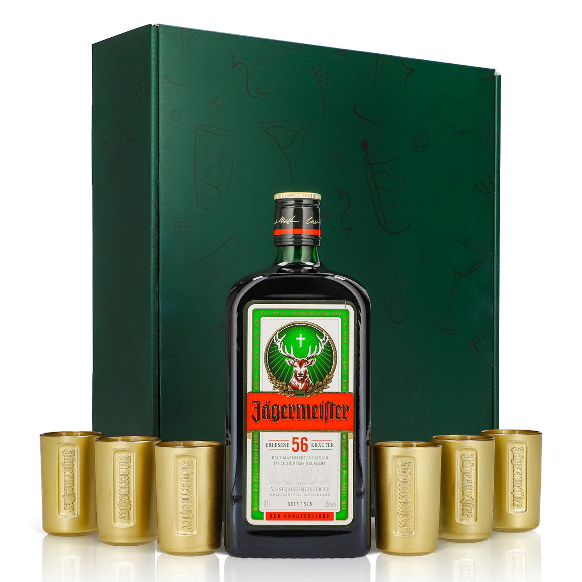 Jägermeister Geschenkset 0,7l Flasche 35,0 % Vol. + Shotgläser Gold–Grün