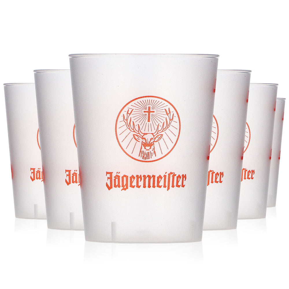Likier Jägermeister, szklanki, opakowanie 50 sztuk, pojemność 2 cl/4 cl, pomarańczowe kieliszki z tworzywa sztucznego typu Kölsch