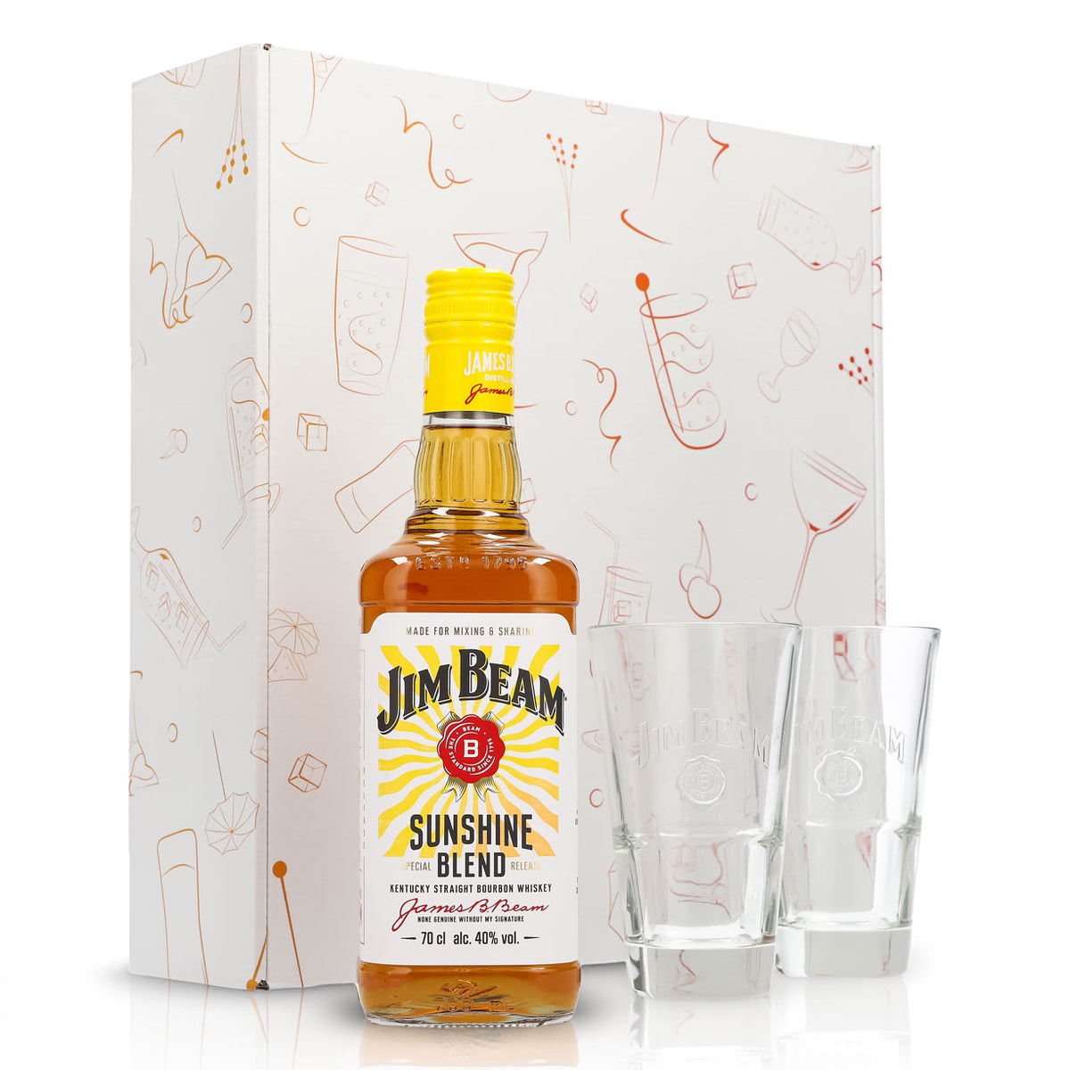 Jim Beam Geschenkset 0,7l Flasche 40,0 % Vol. + Longdrinkgläser Relief–Weiß