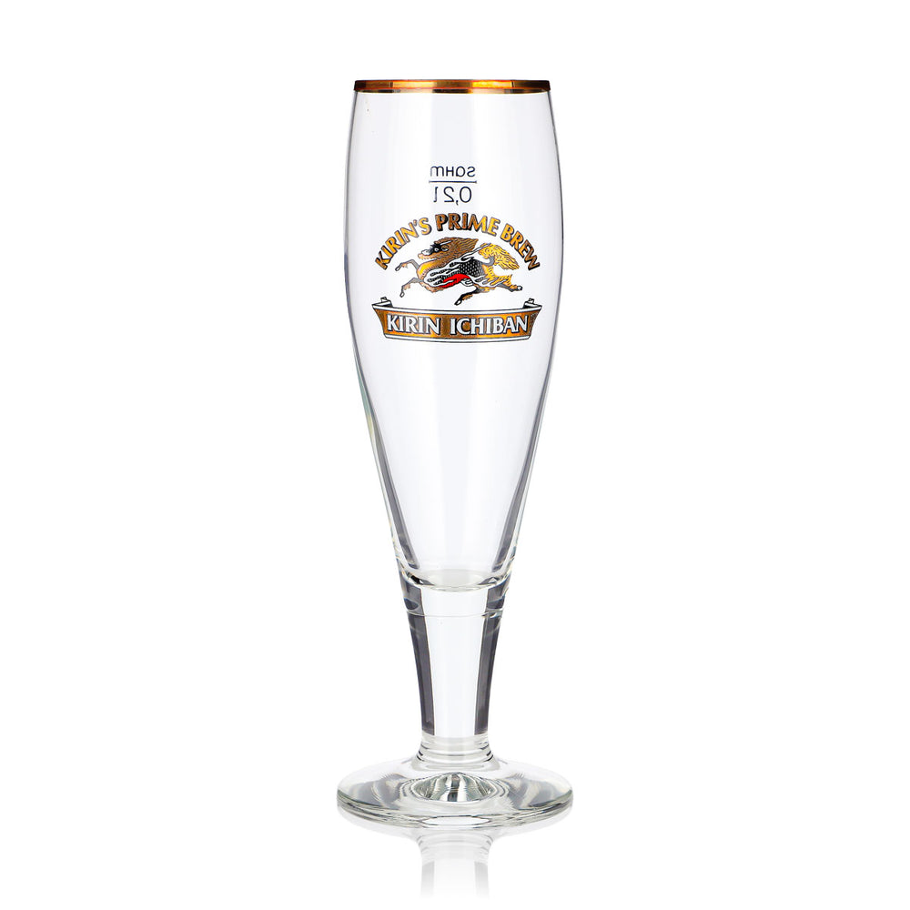 Szklanka do piwa Kirin Ichiban 0,2 l, puchar z złotą obwódką, Kirin’s Prime Brew Sahm