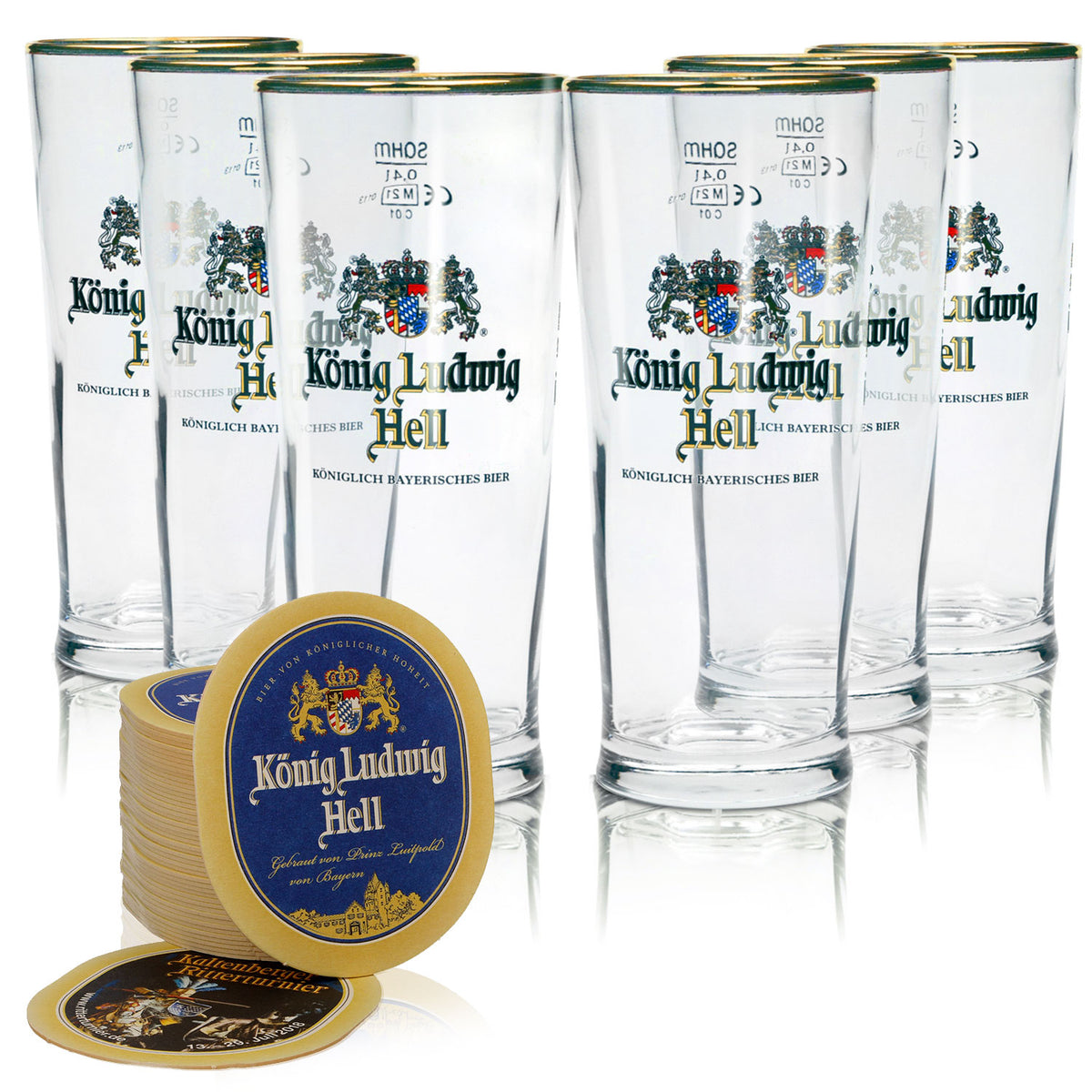 Zestaw König Ludwig Bier Bundle Set I zawierający 6 szklanek do piwa Willi i 70 podkładek pod piwo