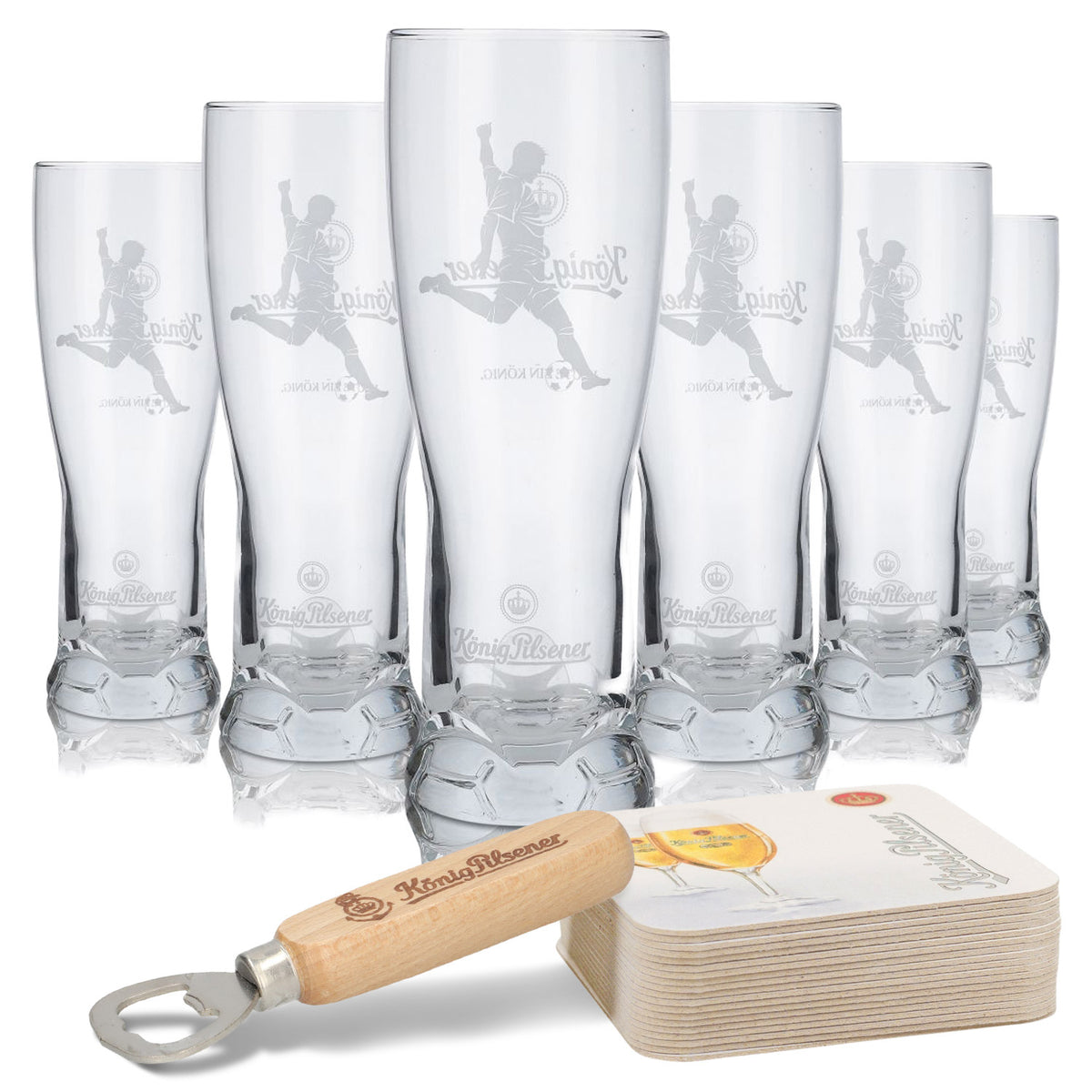 Zestaw König Pilsener Bundle Bar Set II zawierający 6 szklanek do piwa, 120 podkładek pod piwo i 1 otwieracz