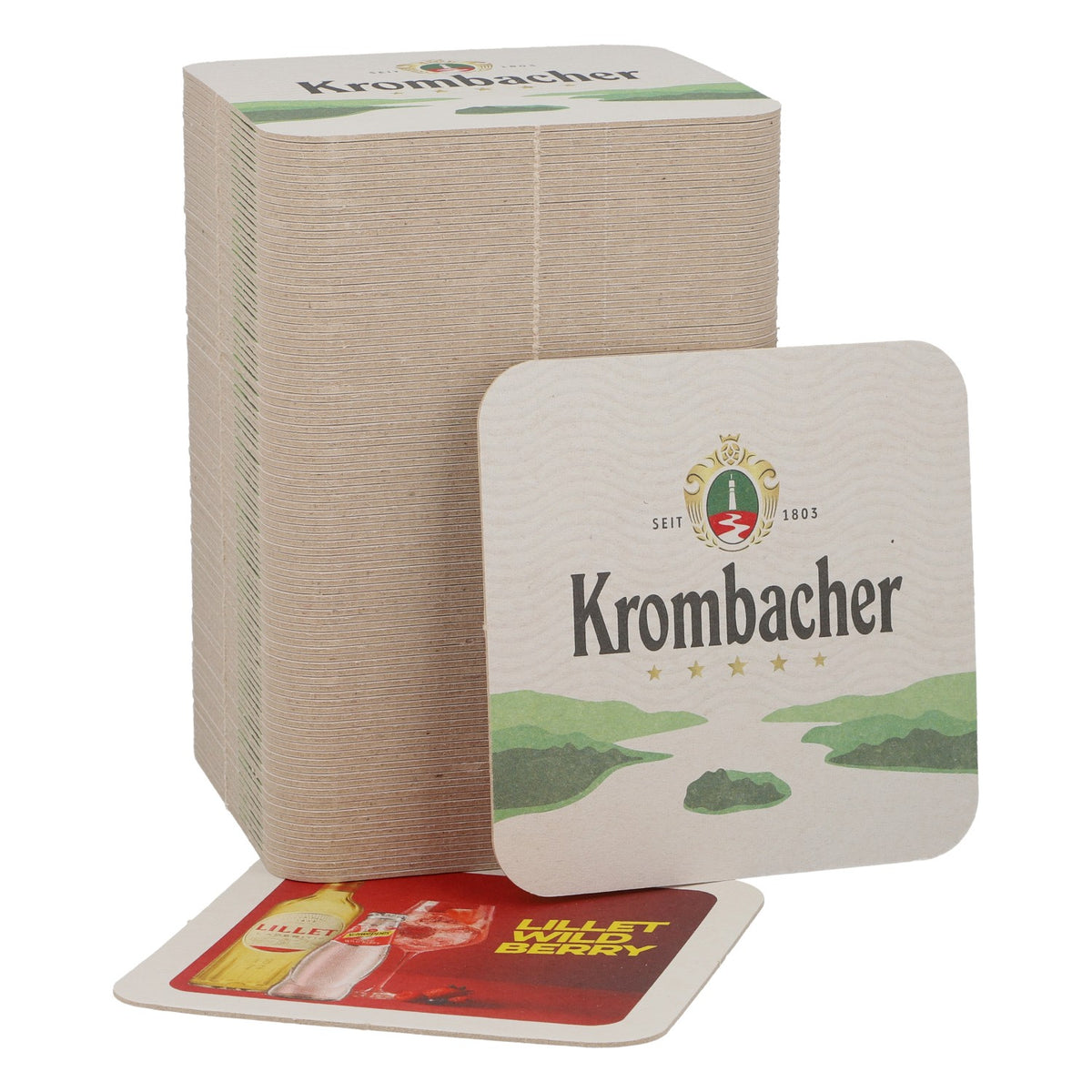 Podkładka pod piwo Krombacher „Lillet Wild Berry” – nowość – papierowa, biała