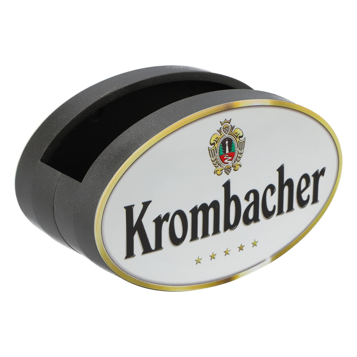Uchwyt na podkładki pod piwo Krombacher z czarnym napisem