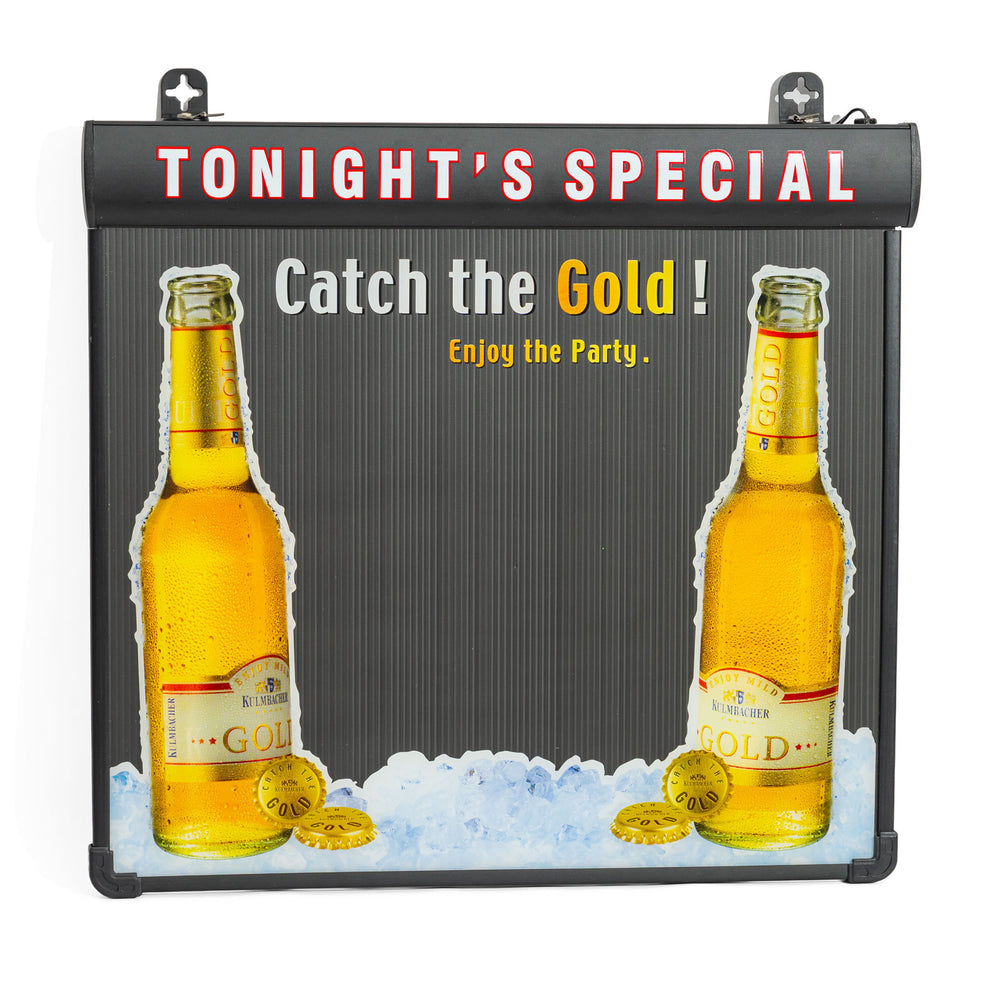 Neon LED z napisem „Catch the Gold!” i tabliczką do pisania z motywem piwa Kulmbacher Reichelbräu