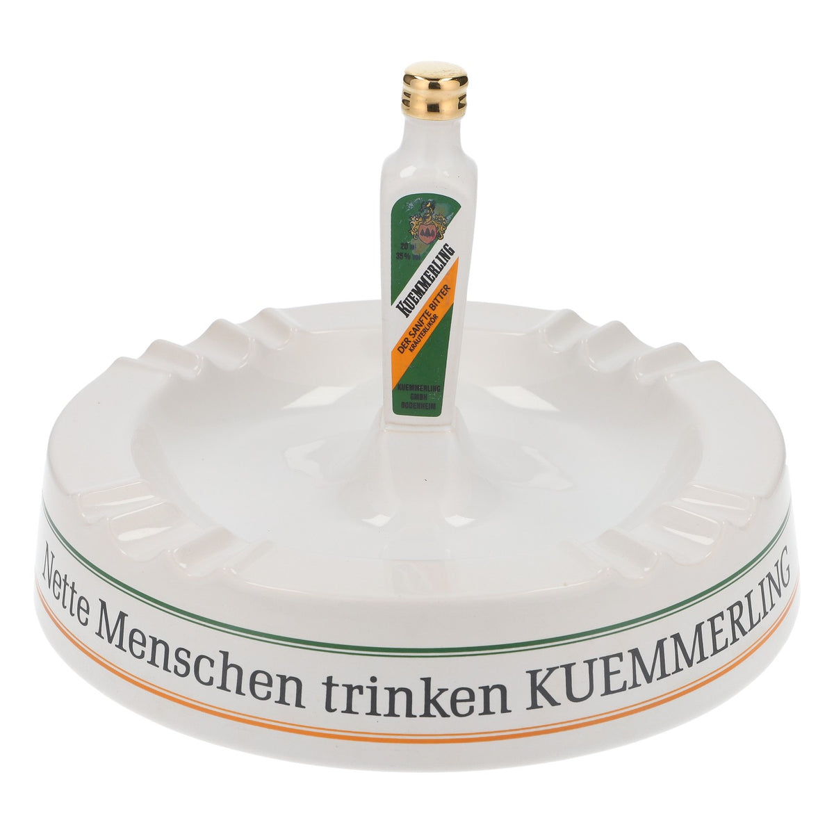 Popielniczka Kümmerling z porcelany w kształcie butelki, z napisem „Nette Menschen...”