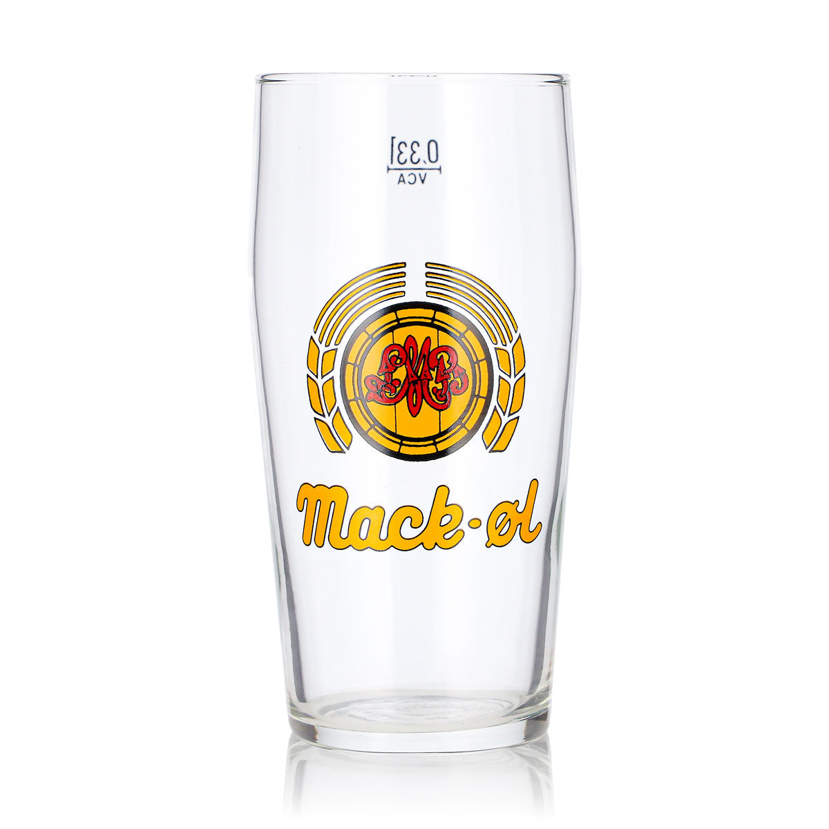 Szklanka do piwa Mack 0,33 l Willi Becher z żółtym logo, szklanka do drinków typu long drink VCA, szklanka do piwa Willibecher