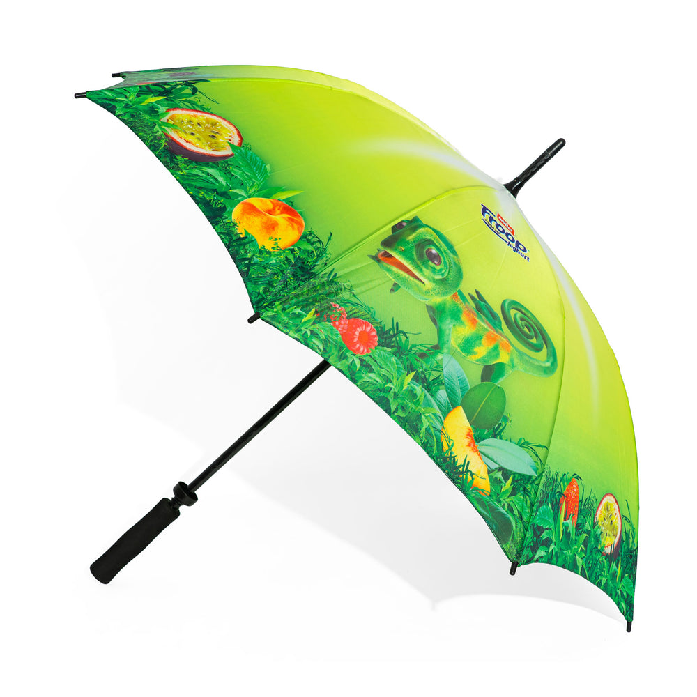 Parasol Müller Milch z automatycznym otwieraniem, miękkim uchwytem, wzór Froop, kolor zielony, rozpiętość 101 cm