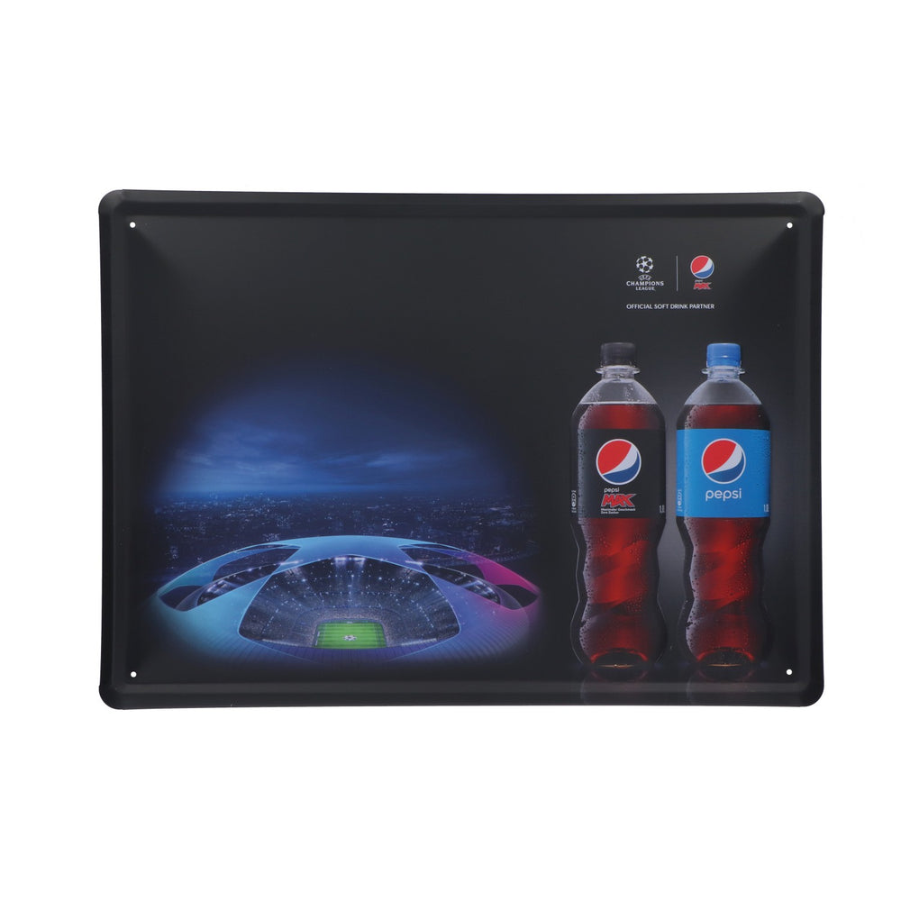 Tabliczka blaszana z napojem Pepsi z motywem Ligi Mistrzów UEFA wraz z zestawem magnesów, 35 x 25 cm