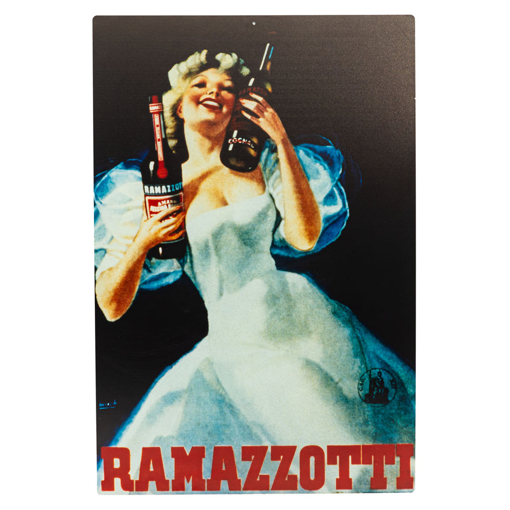 Ramazzotti Likier Blaszana tabliczka Dekoracja ścienna 60x40 cm Kobieta z 2 butelkami