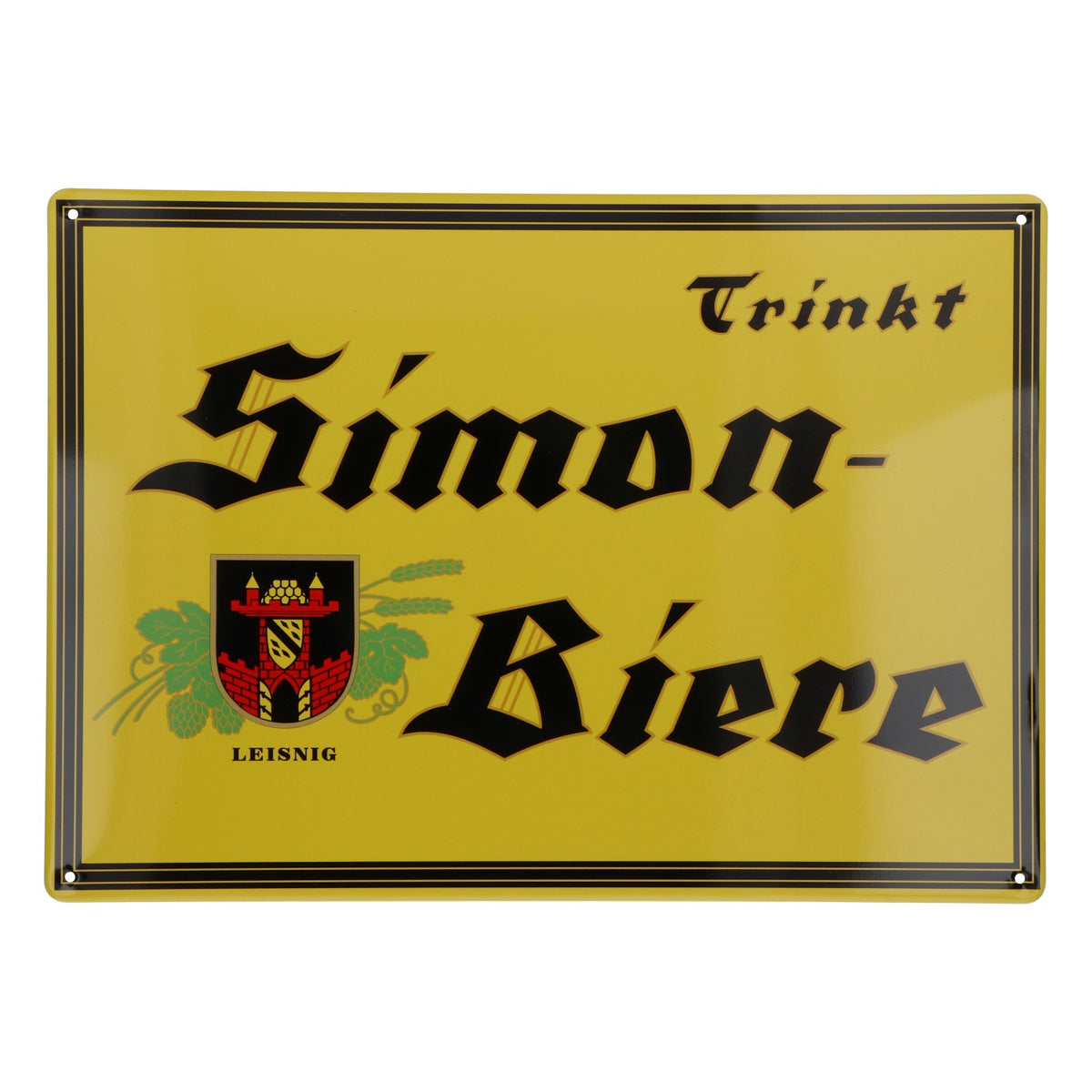 Tabliczka blaszana z piwem Simon – kolor żółty – „Pij piwo Simon” – Leisnig – 29,5 x 21 cm