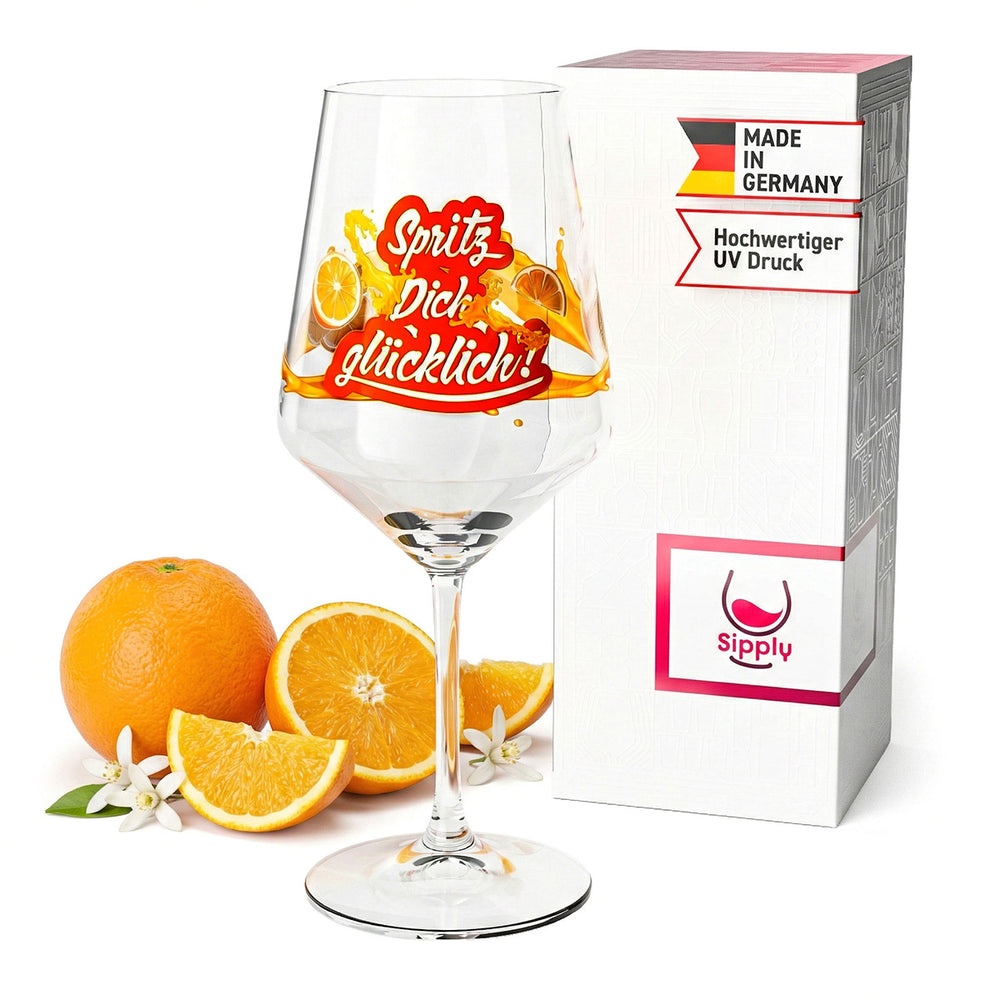 Kieliszek do aperitifu Sipply Summer Vibes z napisem „Spritz Dich glücklich!” (Spryskaj się szczęściem!). Napoje koktajle 0,5 l z efektem przezroczystości